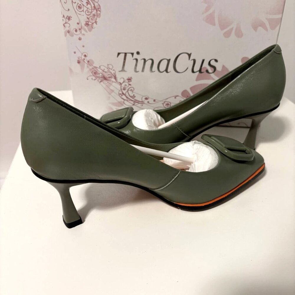 TinaCus Women's Genuine Leather Square Toe Handmade Buckle Stiletto 7.5 Heel 3
